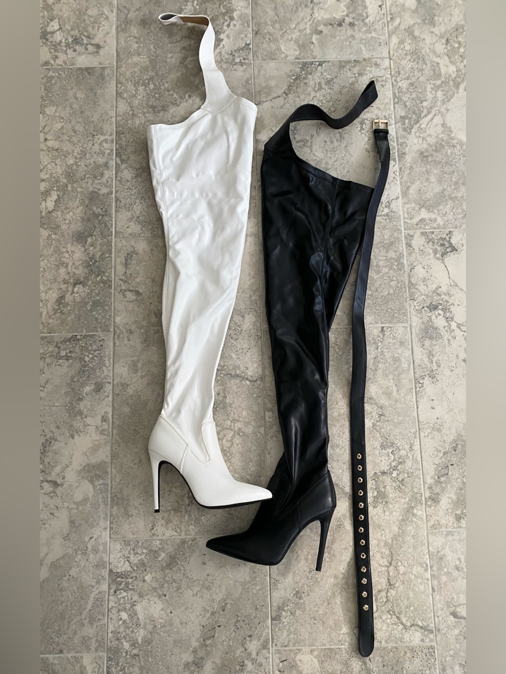 Dolls Kill Thigh-High Stiletto Boot in White & Black